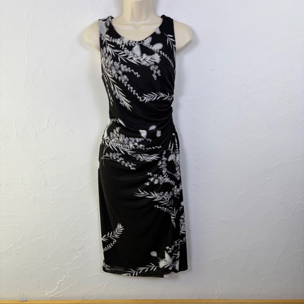 Calvin Klein Floral Ruched Sheath Dress Womens 8 Black White Sleeveless Career